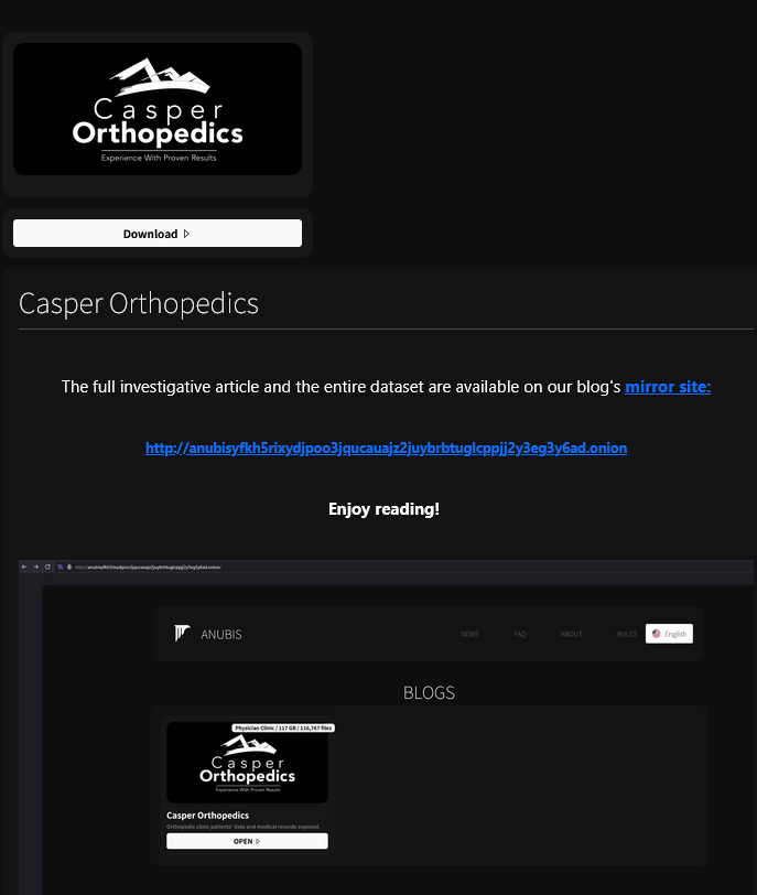 Casper Orthopedics falls victim to ANUBIS Ransomware