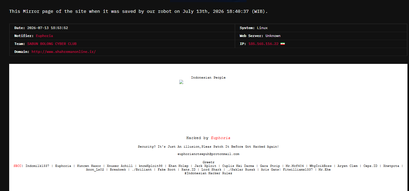 euphoria targets the website of Shahre Man Online