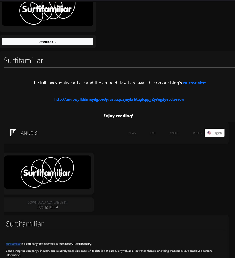 Surtifamiliar S.A falls victim to ANUBIS Ransomware