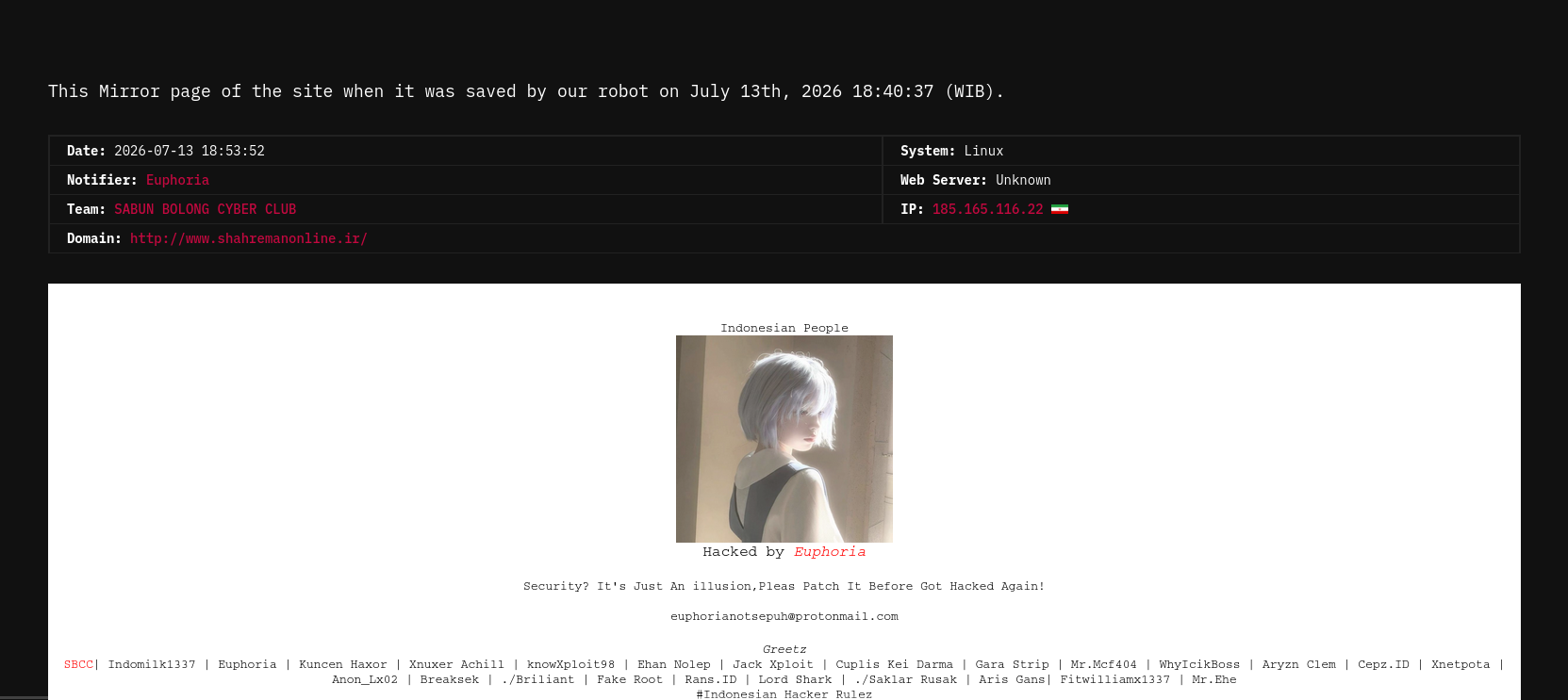 euphoria targets the website of Shahreman Online