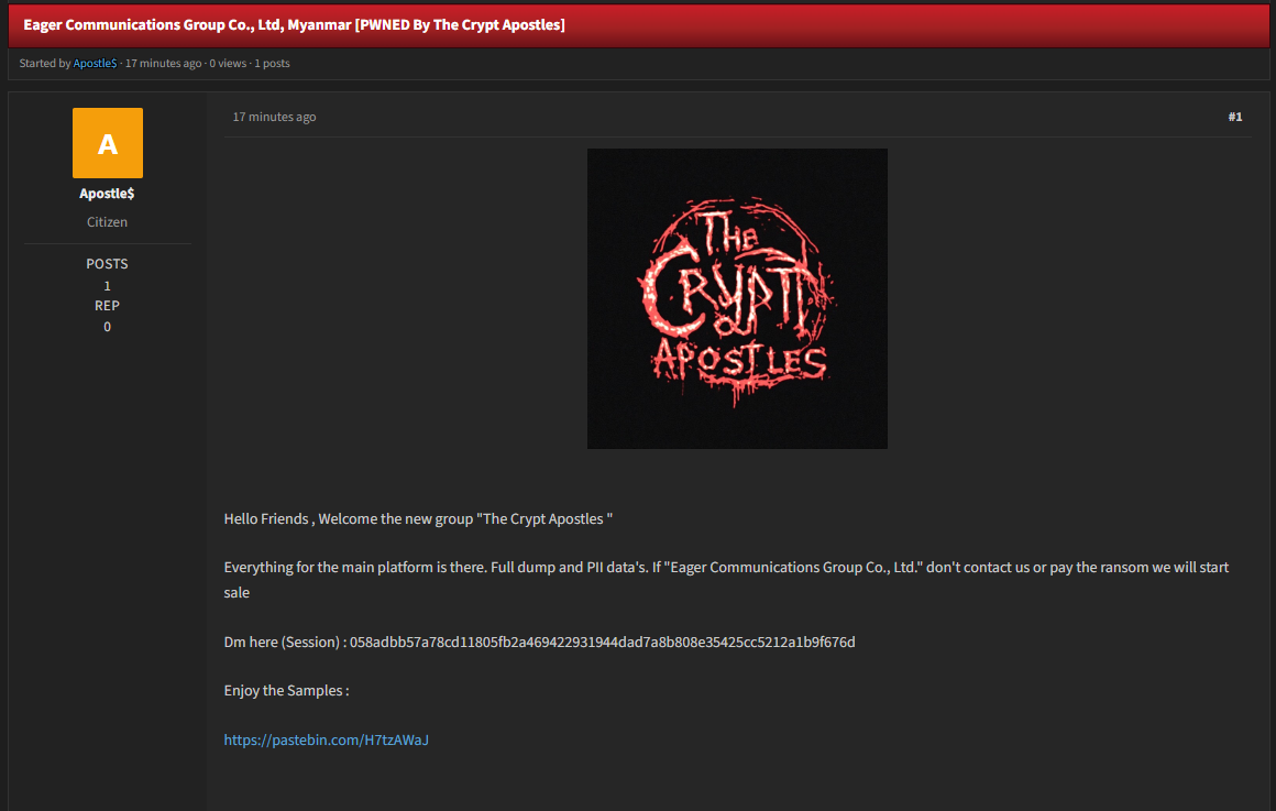 Alleged data breach of Eager Communications Group
