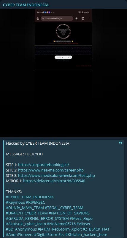 Cyber Team Indonesia targets the website of Corporate Booking