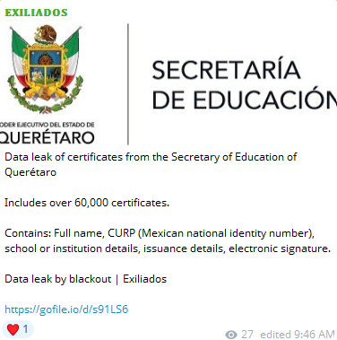 Alleged data breach of Secretariat of Education of the State of Querétaro