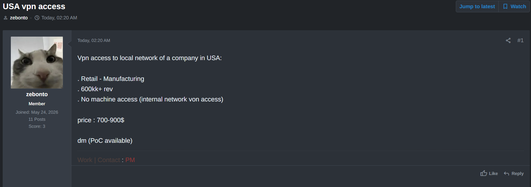 Alleged Sale of VPN Access to an Unidentified U.S. Retail and Manufacturing Company