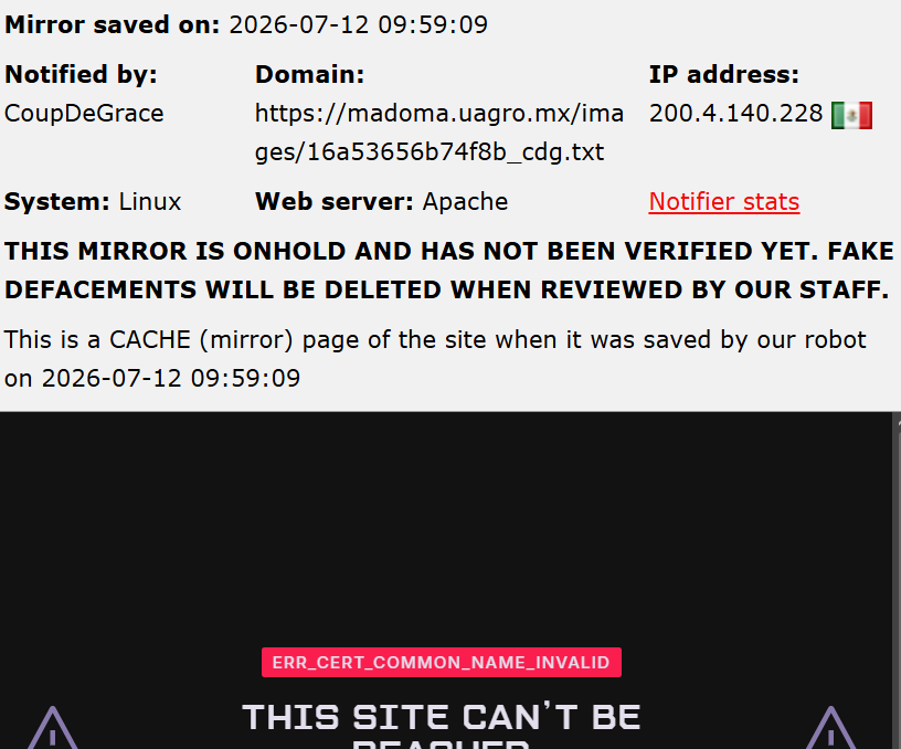 CoupDeGrace targets the website of Maestría en Docencia de la Matemática