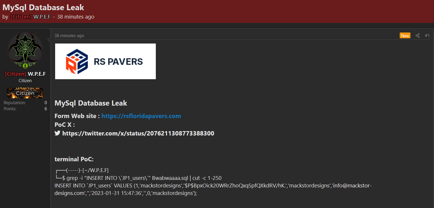 Alleged data breach of RS Florida Pavers