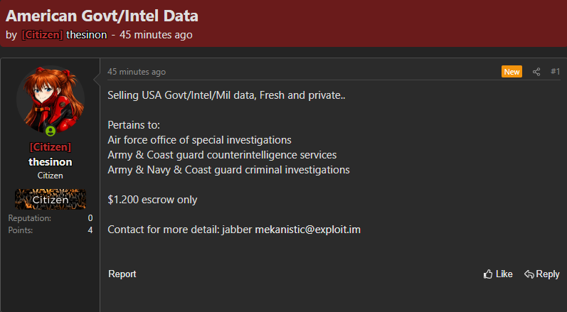 Alleged sale of U.S. Government, Intelligence, and Military data