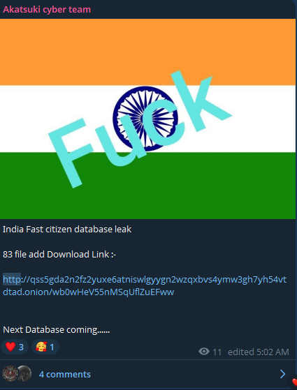 Alleged data leak of Indian Fast citizen database