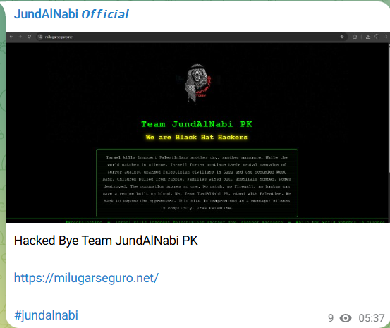 JundAlNabi Official targets the website of Mi Lugar Seguro