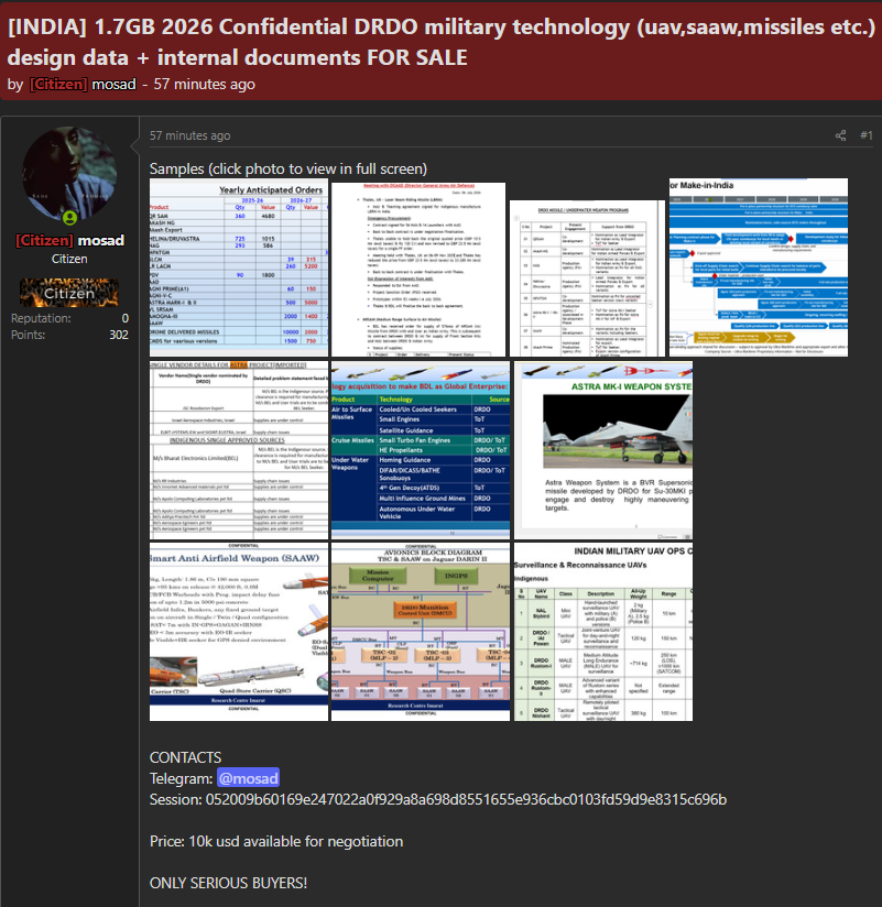 Alleged data sale of confidential DRDO Military Technology documents