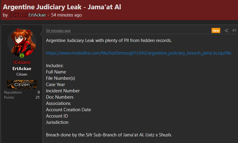 Alleged data leak of Argentina Judiciary