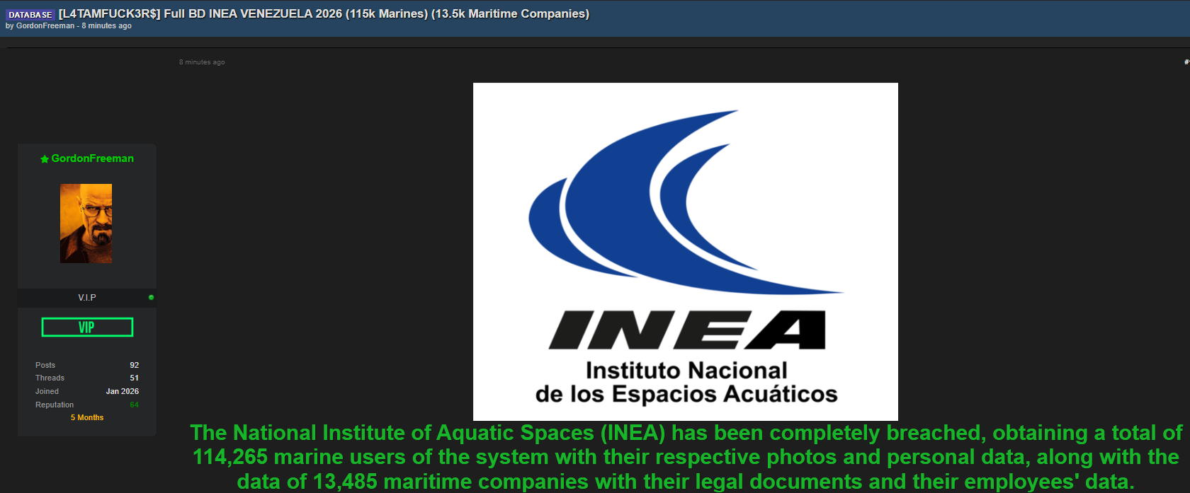 Alleged Data Sale of National Institute of Aquatic Spaces (INEA)