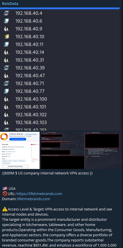 Alleged sale of Access to Lifetime Brands Internal VPN Network