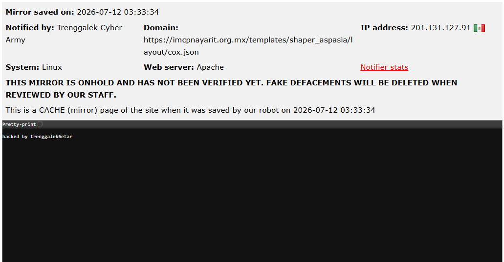Trenggalek Cyber Army targets the website of IMCP Nayarit