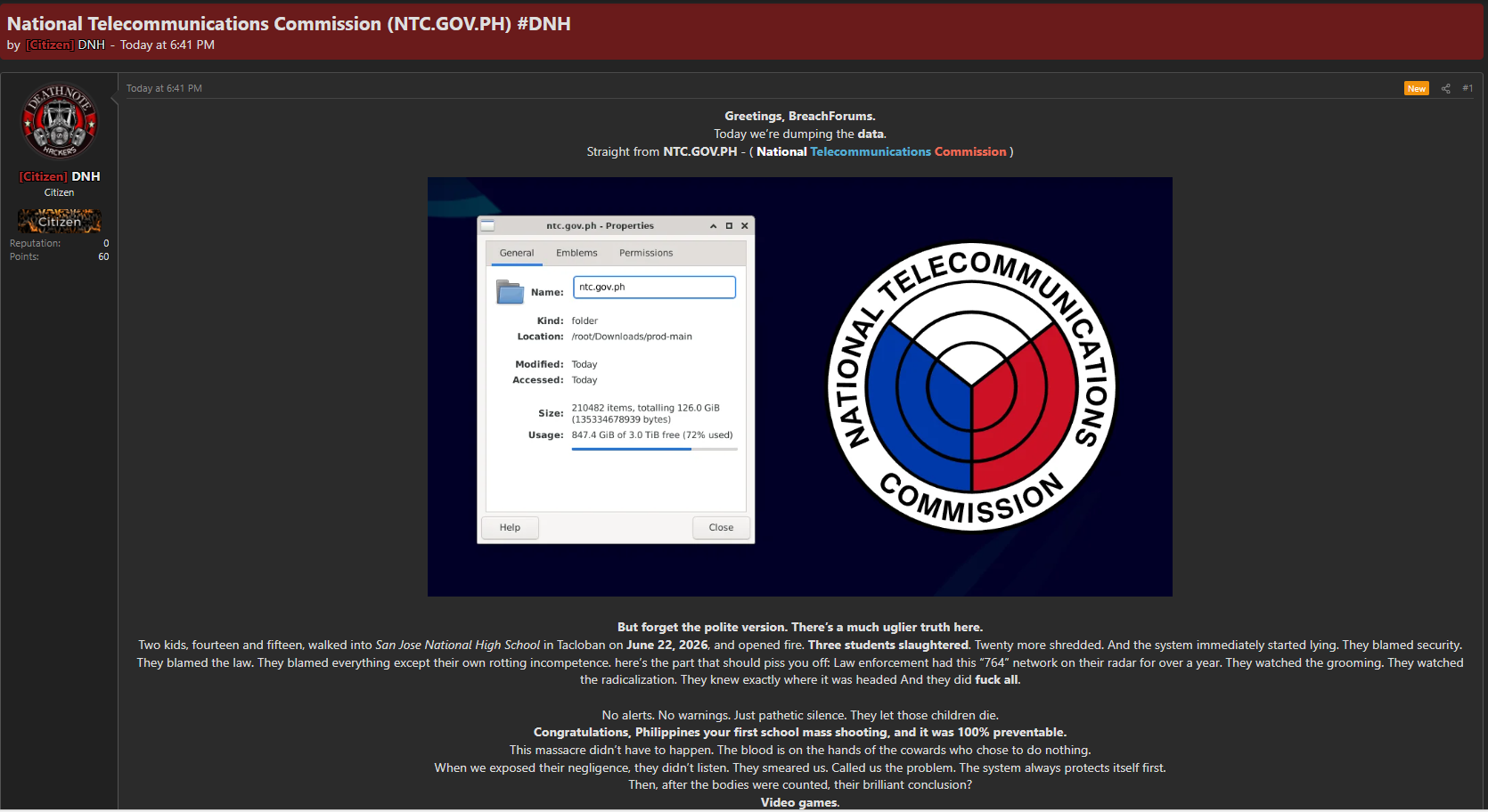 Alleged data breach of National Telecommunications Commission