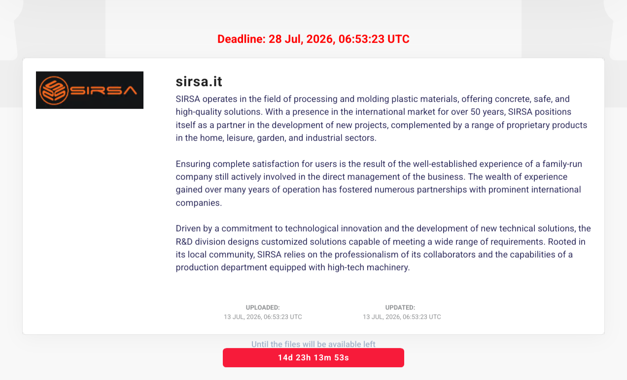 SIRSA S.p.A. falls victim to LOCKBIT 5.0 Ransomware