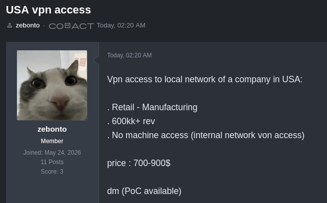 Alleged sale of unauthorized VPN access to an unidentified company in the USA