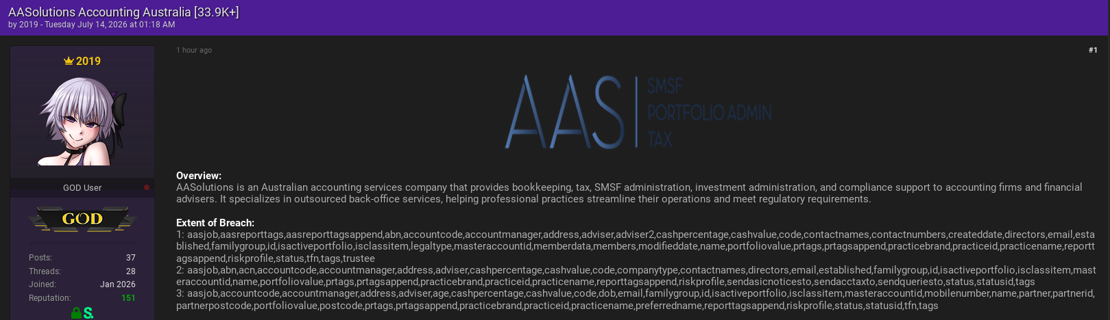 Alleged data sale of Accounting and Adviser Services Pty Ltd