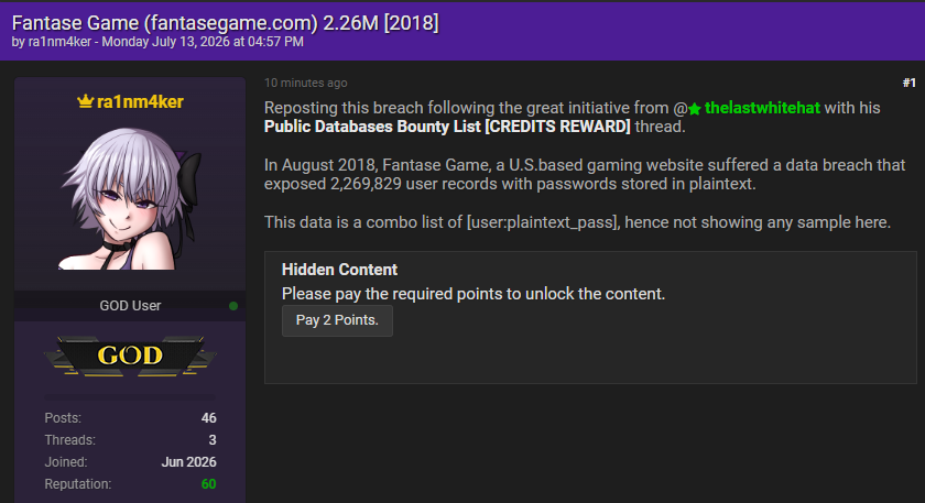 Alleged data breach of Fantase Game