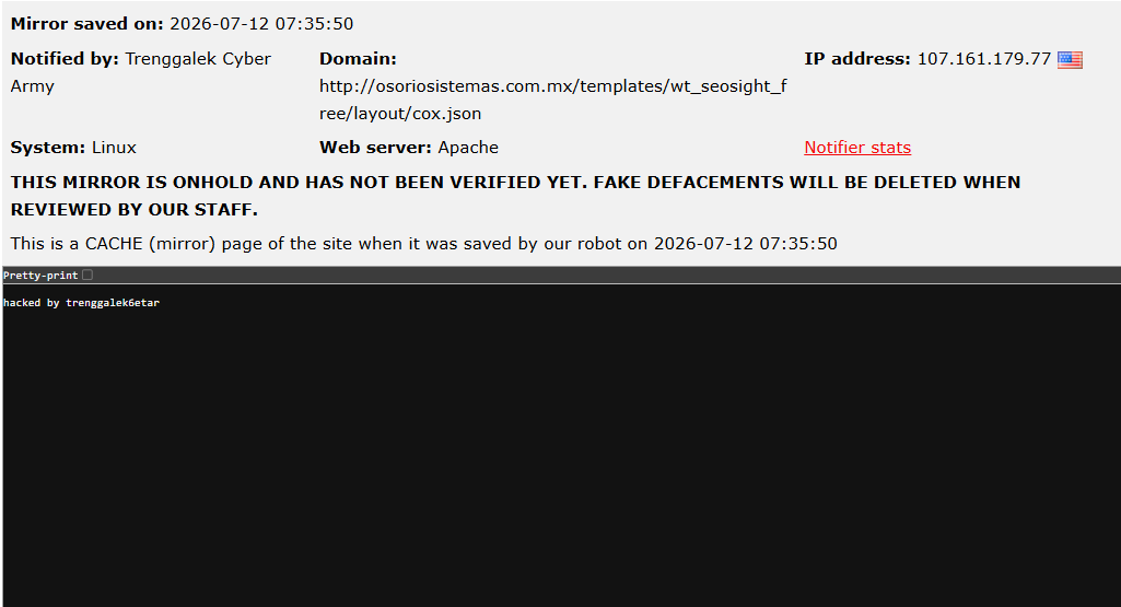 Trenggalek Cyber Army targets the website of Osorio Sistemas