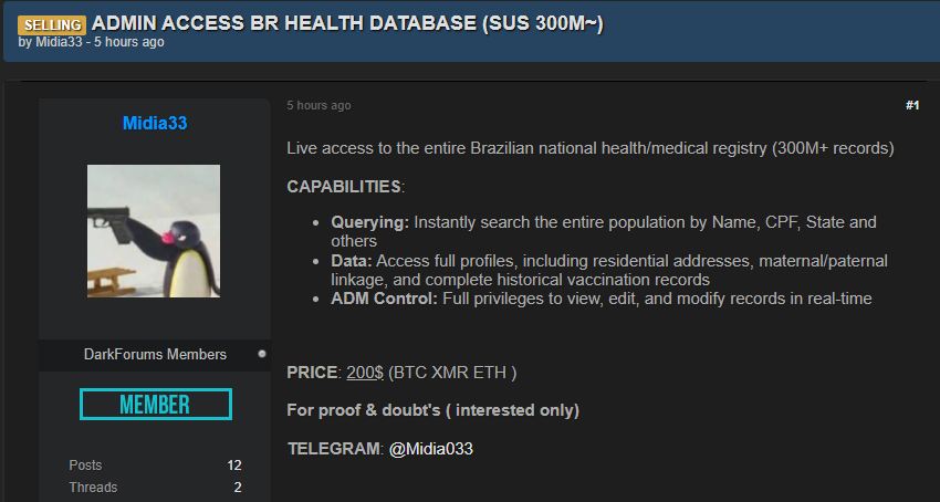 Alleged sale of unauthorized admin access to Ministry of Health, Brazil