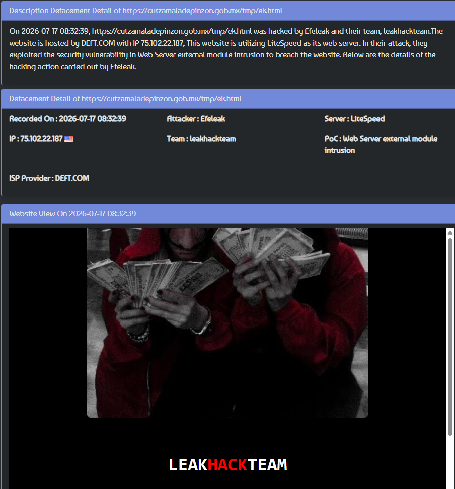 Efeleak targets the website of Ayuntamiento de Cutzamala de Pinzon