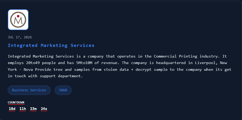 Integrated Marketing Services, Inc falls victim to Nova Ransomware