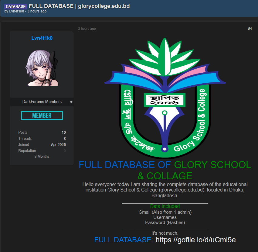 Alleged data breach of Glory School & College