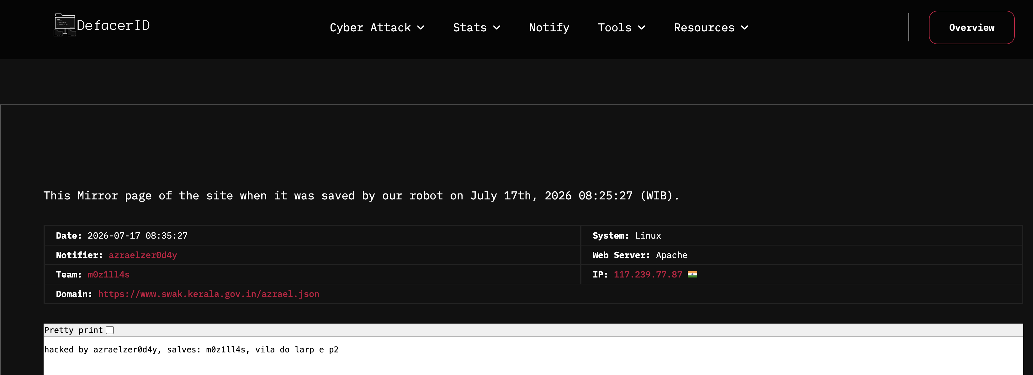 azraelzer0d4y targets the website of State Wetland Authority Kerala (SWAK)