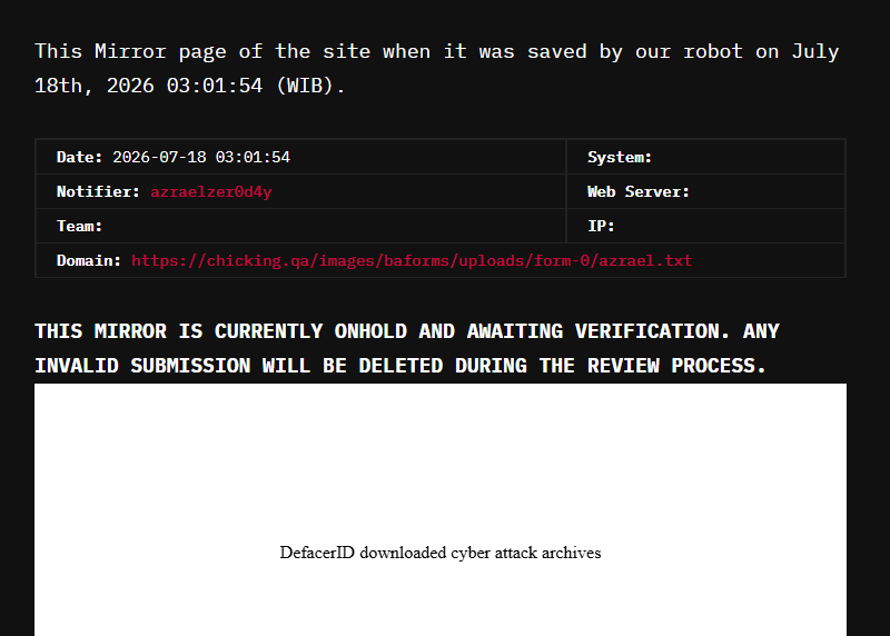 azraelzer0d4y targets the website of Chicking Qatar
