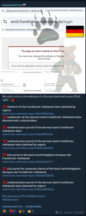 NoName057(16) claims to targets the websites of Frankfurter Volksbank Rhein
