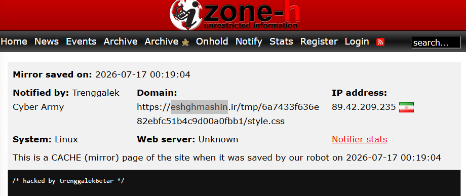Trenggalek Cyber Army targets the website of eshghmashin