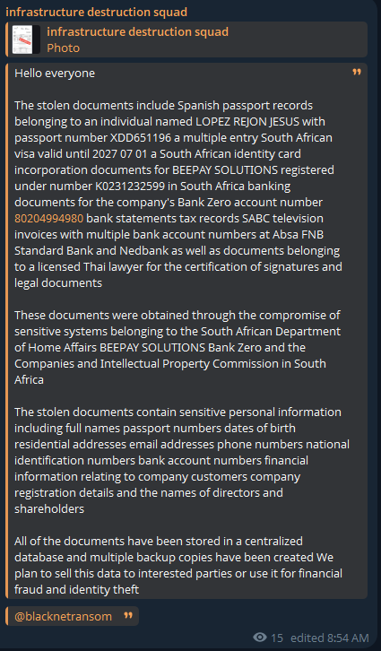 Alleged data breach of Department of Home Affairs South Africa