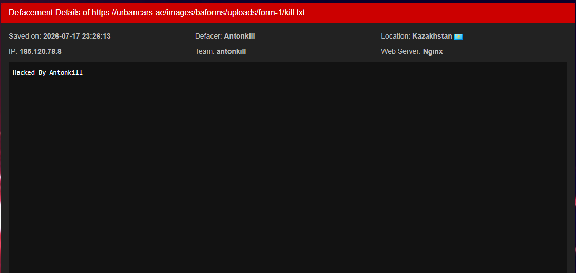 Antonkill targets the website of Urban Cars Auto General Repairing