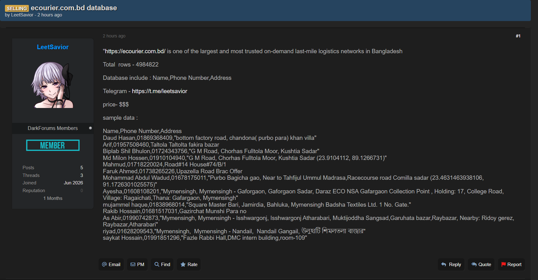 Alleged data breach of ecourier