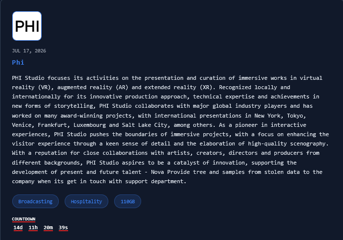 PHI Studio falls victim to Nova Ransomware