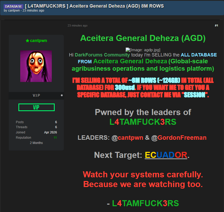 Alleged data breach of Aceitera General Deheza SA