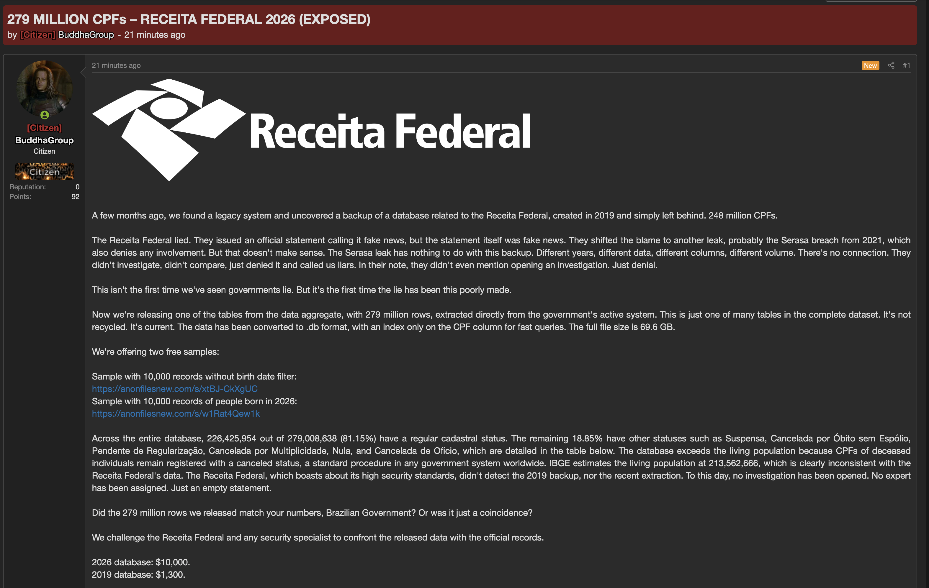 Alleged data leak of Receita Federal do Brasil