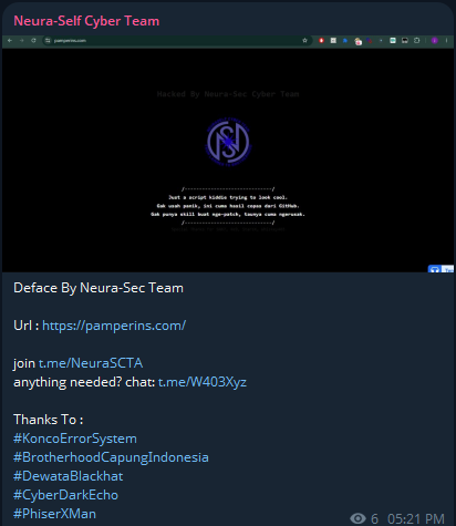 Neura Self Cyber Team targets the website of Pamperin Tech