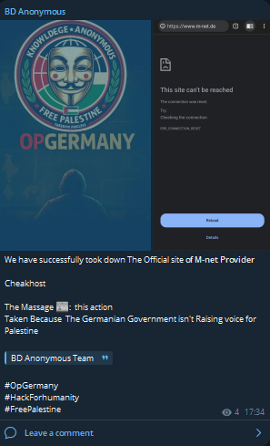 BD Anonymous targets the website of M-net Telekommunikations GmbH