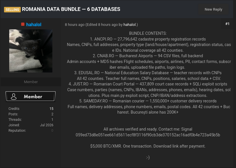 Alleged data sale of the Ministry of Justice of Romania