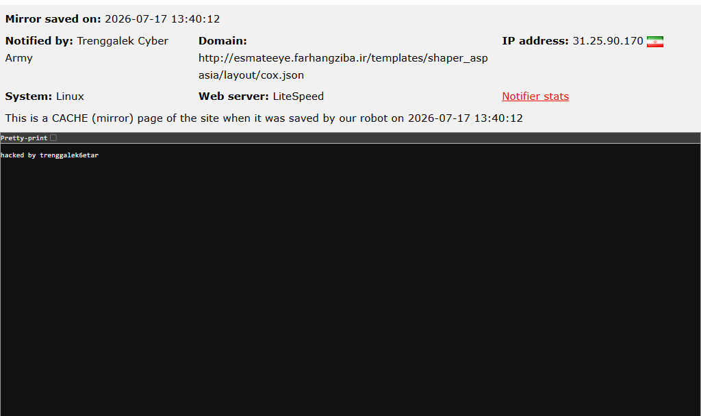Trenggalek Cyber Army targets the website of Farhang Ziba Cultural and Artistic Institute