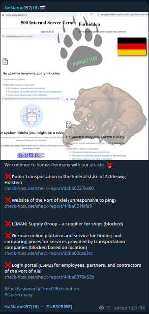 NoName057(16) claims to targets the websites of PORT OF KIEL