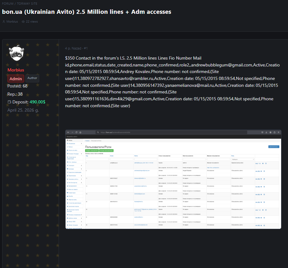 Alleged Breach of Bon.ua User Data and Admin Access