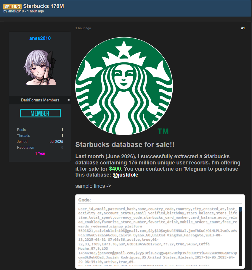 Alleged sale of Starbucks database