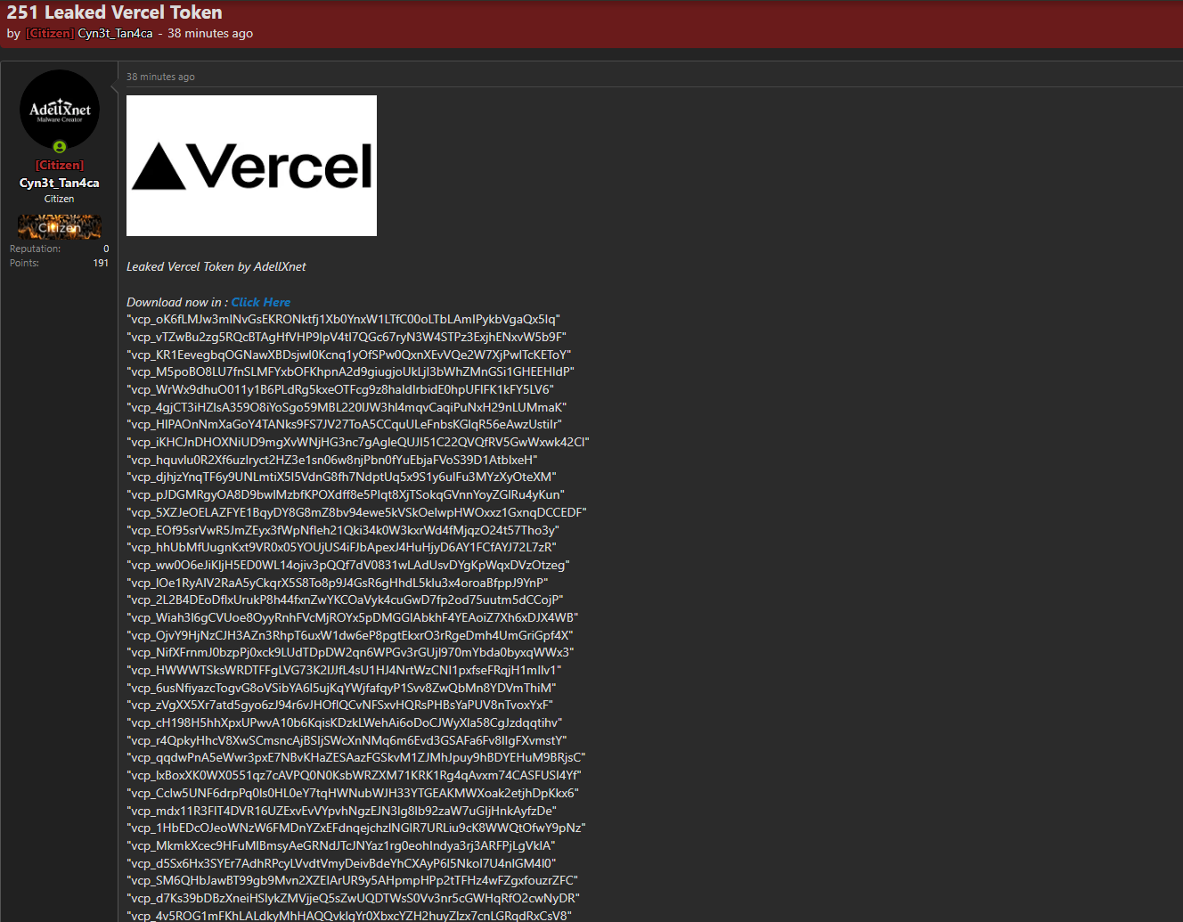 Alleged leak of 251 Vercel tokens