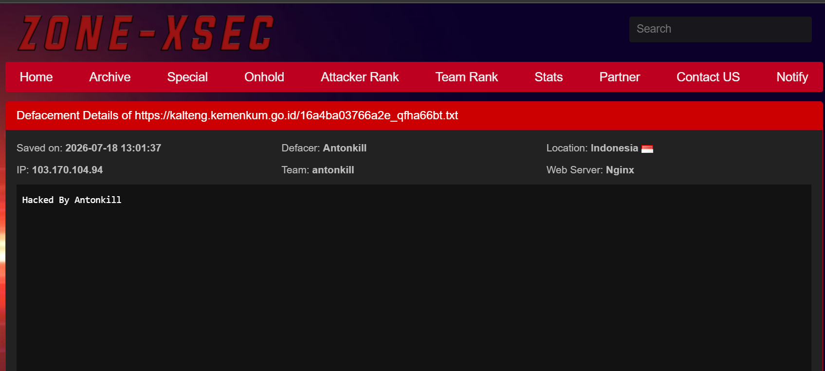 Antonkill targets the website of Central Kalimantan Regional Office of the Ministry of Law