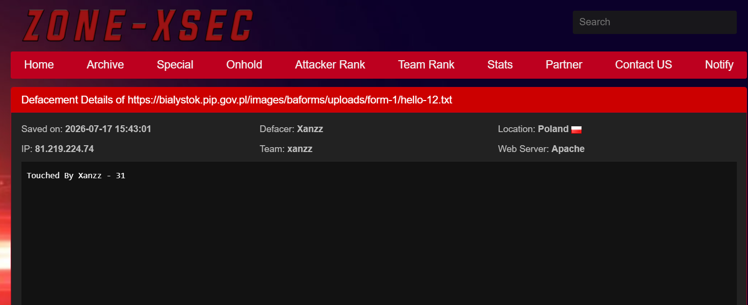 Xanzz targets the website of District Labor Inspectorate in Białystok