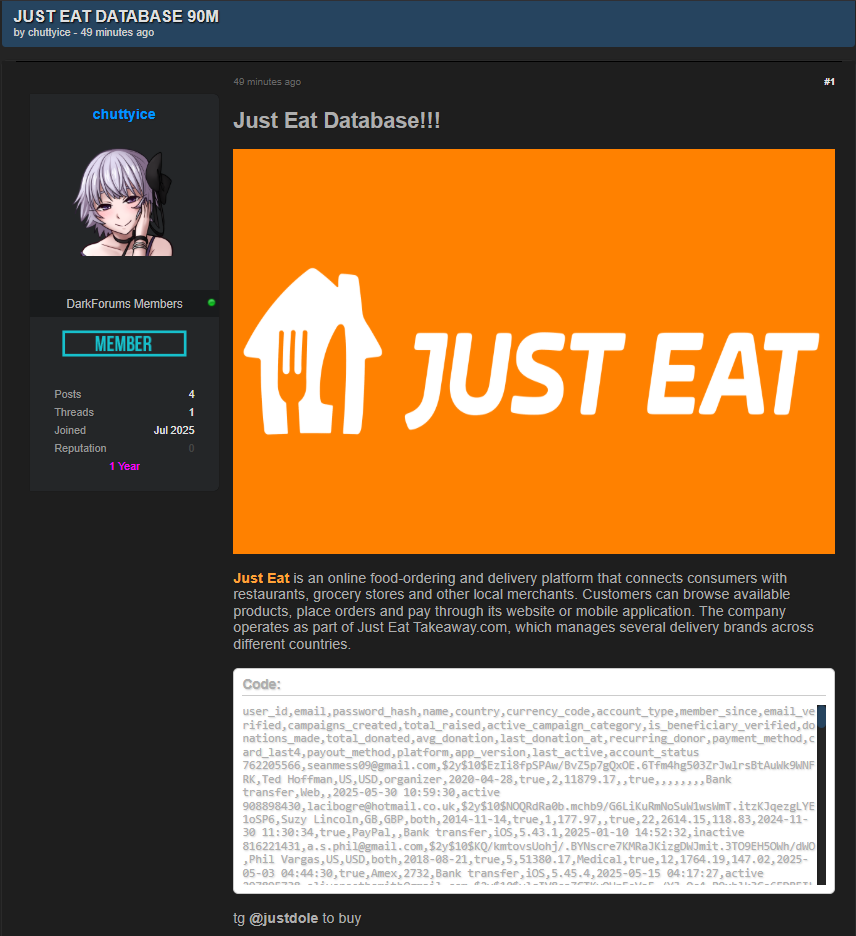 Alleged sale of Just Eat Takeaway.com database