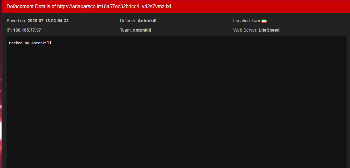 Antonkill targets the website of Aria Pars